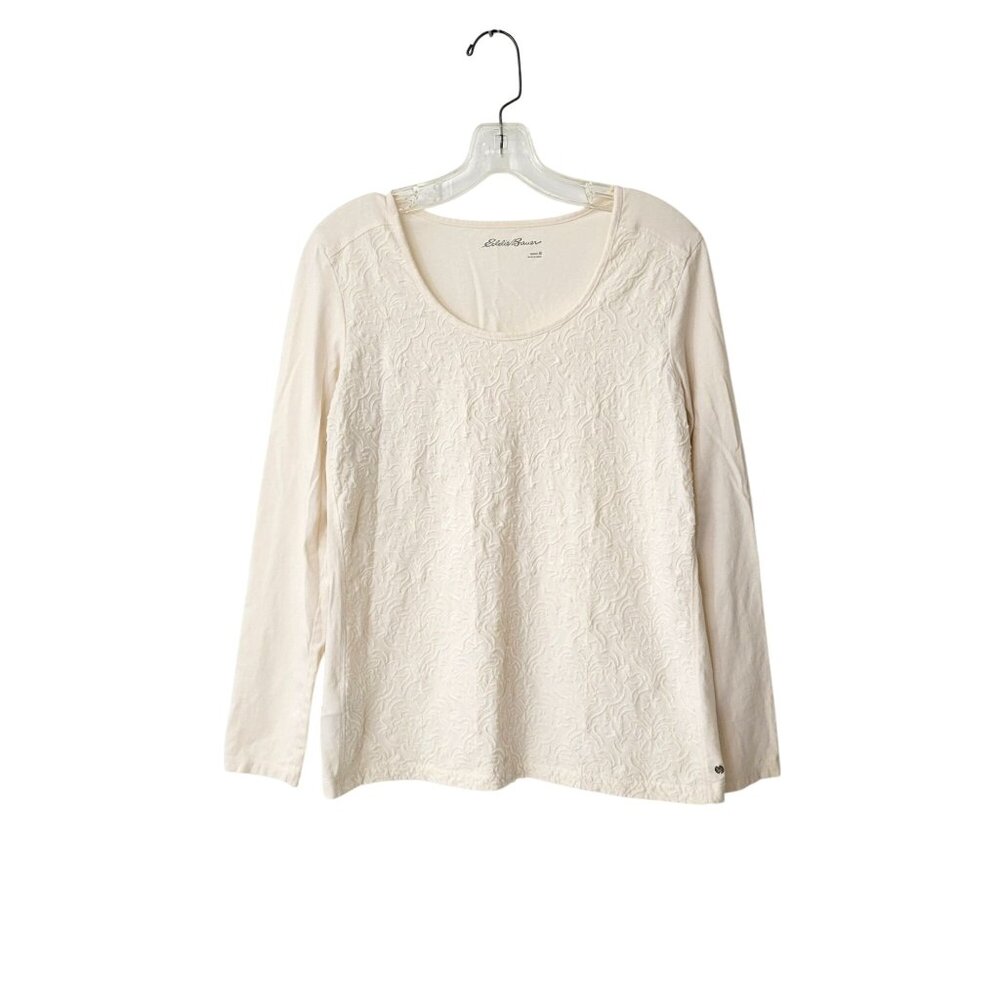 Eddie Bauer Women's Long-Sleeve Cream Embroidered Scoop Neck Cotton Top Size Med